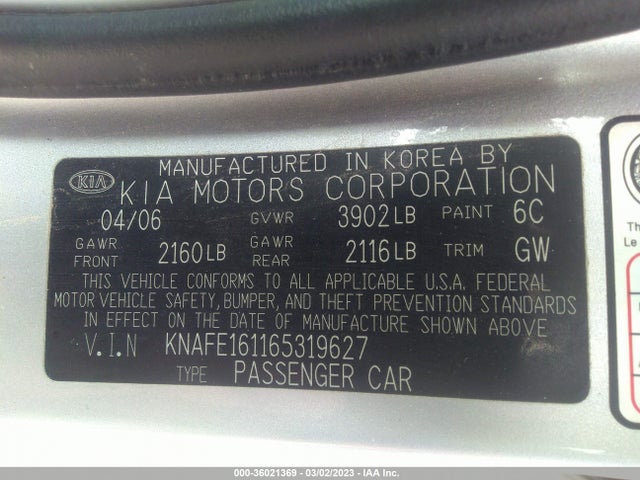 2006 KIA SPECTRA VIN: KNAFE161165319627