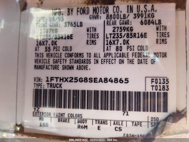 1995 FORD F250 VIN: 1FTHX25G8SEA84865