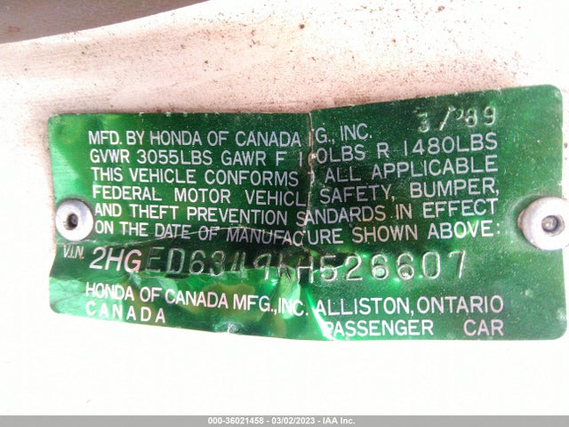 1989 HONDA CIVIC VIN: 2HGED6349KH526607