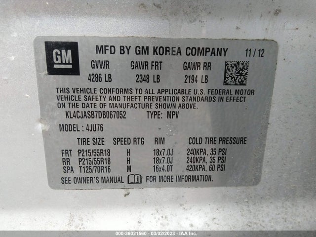 2013 BUICK ENCORE VIN: KL4CJASB7DB067052