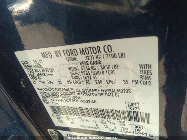 2013 FORD F-150 XL/XLT/FX2/LARIAT VIN: 1FTFW1CF9DFA52745