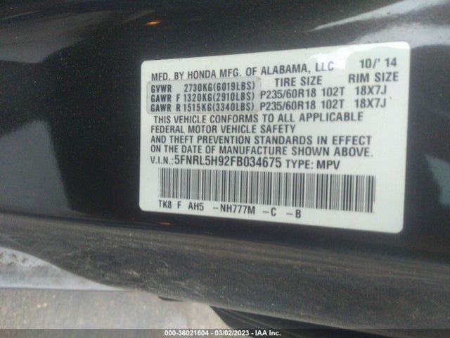 Honda Odyssey Touring 2015 5FNRL5H92FB034675 Image 9