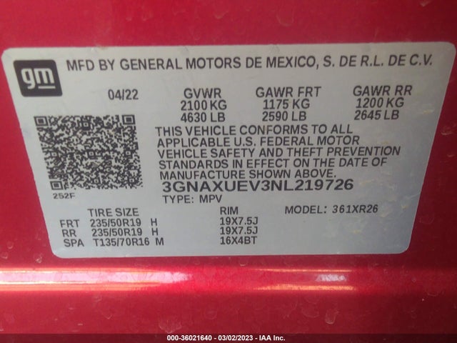 2022 Chevrolet Equinox, VIN: 3GNAXUEV3NL219726