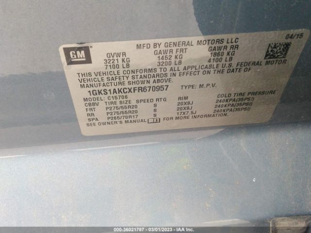 1GKS1AKCXFR670957 GMC YUKON SLE