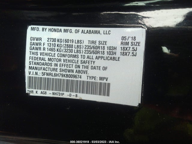 2019 Honda Odyssey, VIN: 5FNRL6H79KB009674