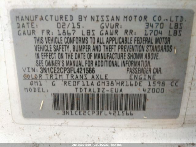 3N1CE2CP3FL421566 Nissan Versa Note S/s Plus/sv/sr/sl