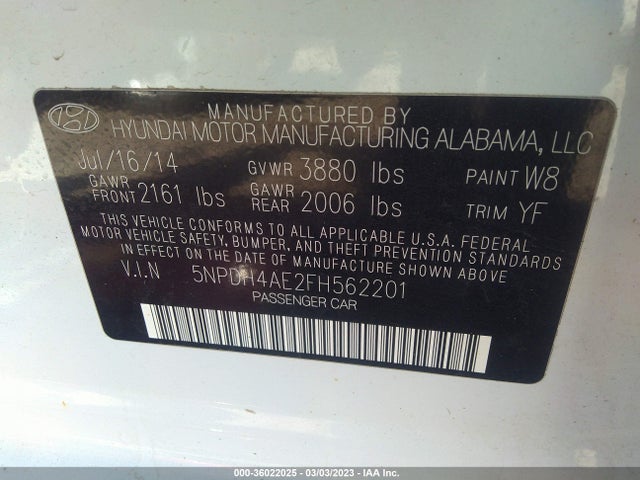 2015 HYUNDAI ELANTRA SE VIN: 5NPDH4AE2FH562201