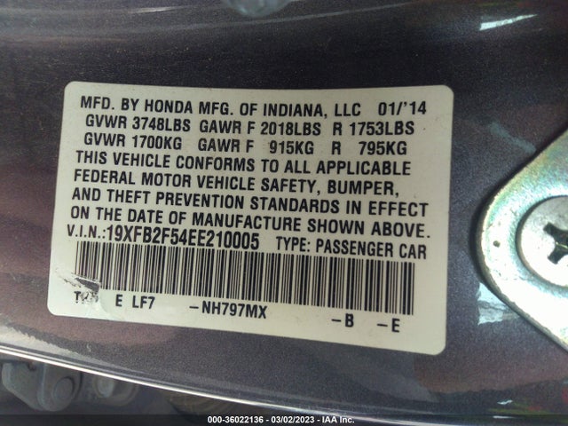 Honda Civic Sedan Lx 2014 19XFB2F54EE210005 Image 10