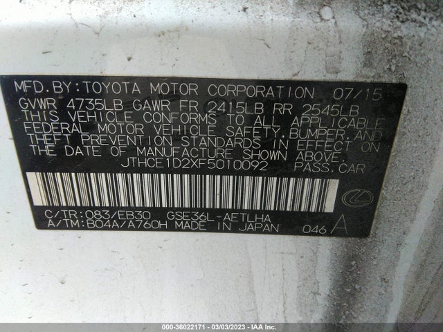 2015 Lexus IS, VIN: JTHCE1D2XF5010092