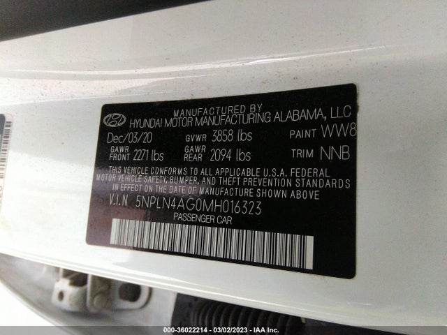 2021 HYUNDAI ELANTRA SEL VIN: 5NPLN4AG0MH016323
