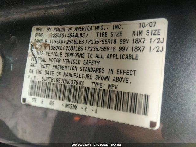 Acura Rdx Tech Pkg 2008 5J8TB18578A007693 Image 10
