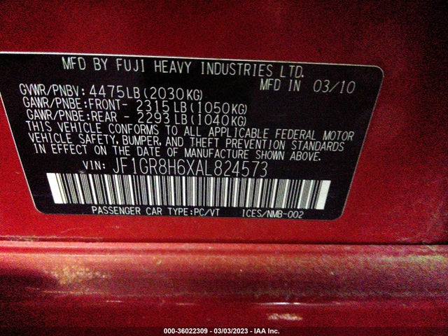 2010 SUBARU IMPREZA WAGON WRX WRX STI VIN: JF1GR8H6XAL824573