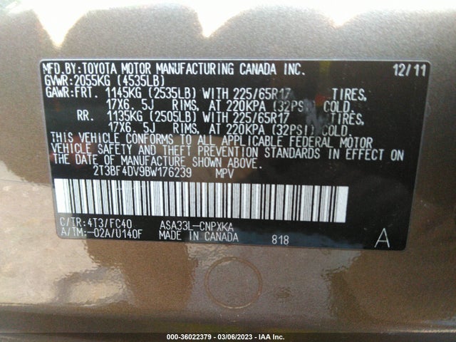 2011 TOYOTA RAV4 VIN: 2T3BF4DV9BW176239