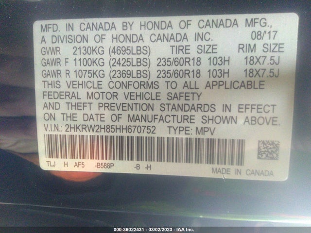 Honda Cr-v Ex-l 2017 2HKRW2H85HH670752 Image 9