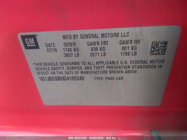 2016 Chevrolet Sonic, VIN: 1G1JG5SB0G4185349