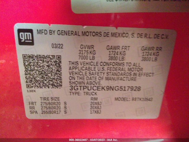 3GTPUCEK9NG517928 GMC Sierra 1500 Elevation