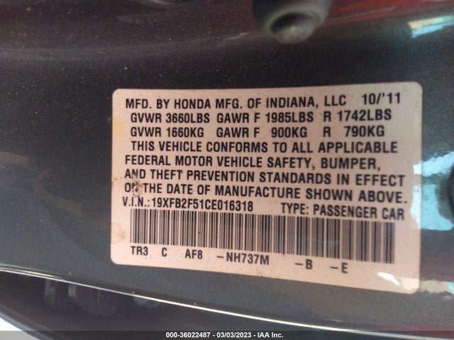 2012 HONDA CIVIC SDN LX VIN: 19XFB2F51CE016318