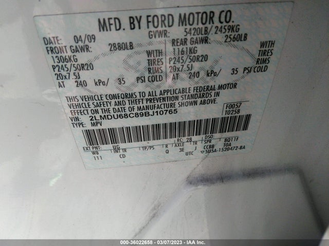 2009 LINCOLN MKX VIN: 2LMDU68C89BJ10765
