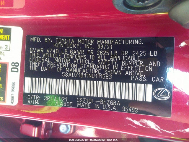 58ADZ1B11NU111583 Lexus Es Es 350