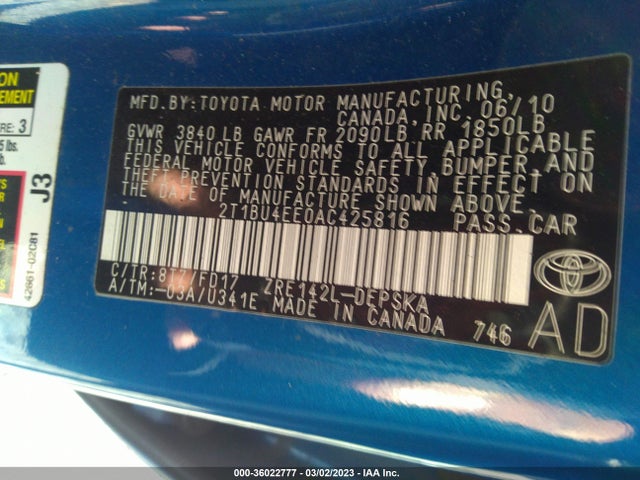 2010 TOYOTA COROLLA VIN: 2T1BU4EE0AC425816
