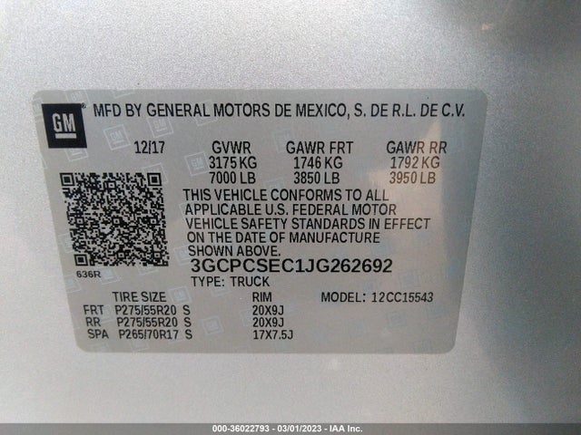 2018 CHEVROLET SILVERADO 1500 LTZ VIN: 3GCPCSEC1JG262692