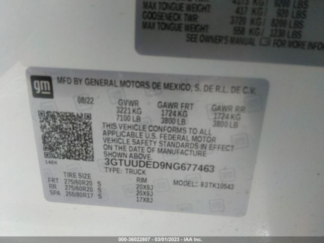 3GTUUDED9NG677463 GMC Sierra 1500 Slt