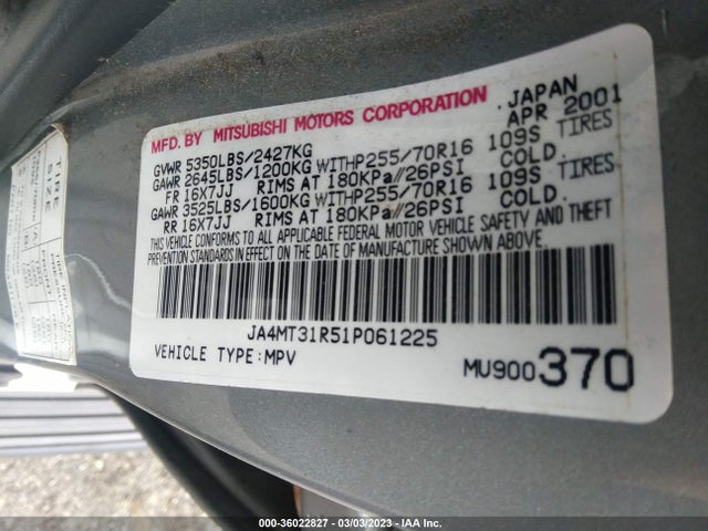 2001 MITSUBISHI MONTERO SPORT XS/XLS VIN: JA4MT31R51P061225