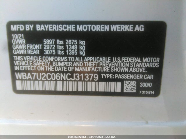 BMW 7 Series 750i Xdrive 2022 аукцион фото