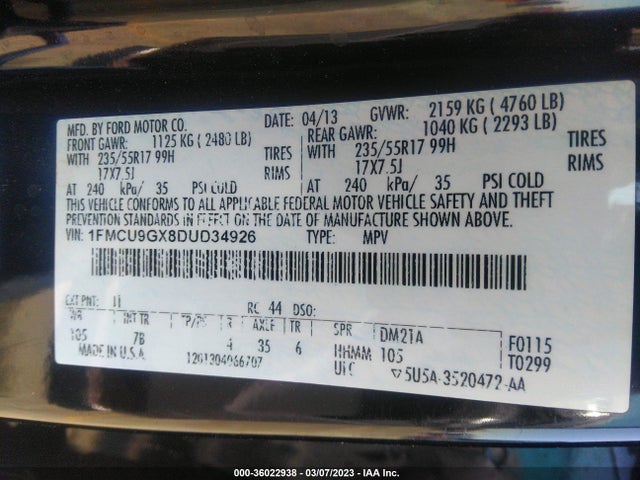 2013 FORD ESCAPE SE VIN: 1FMCU9GX8DUD34926
