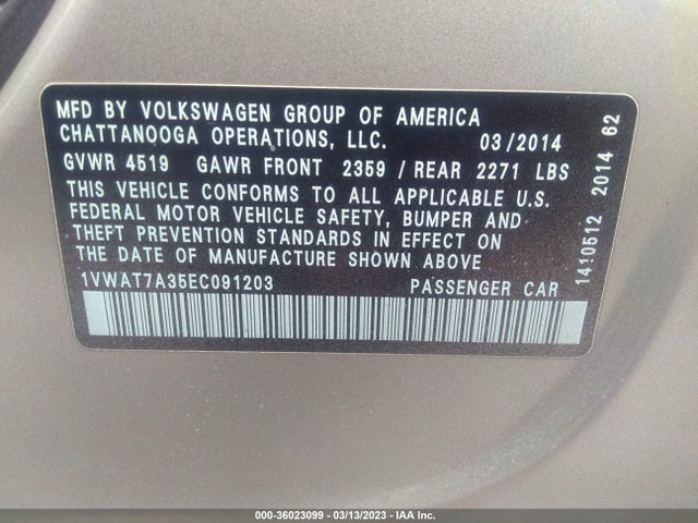 1VWAT7A35EC091203 Volkswagen Passat Wolfsburg Ed