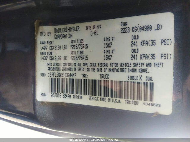 Dodge Dakota Base/sport/slt 2001 1B7FL26X51S304447 Image 10