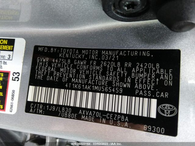4T1K61AK1MU565459 Toyota CAMRY XSE