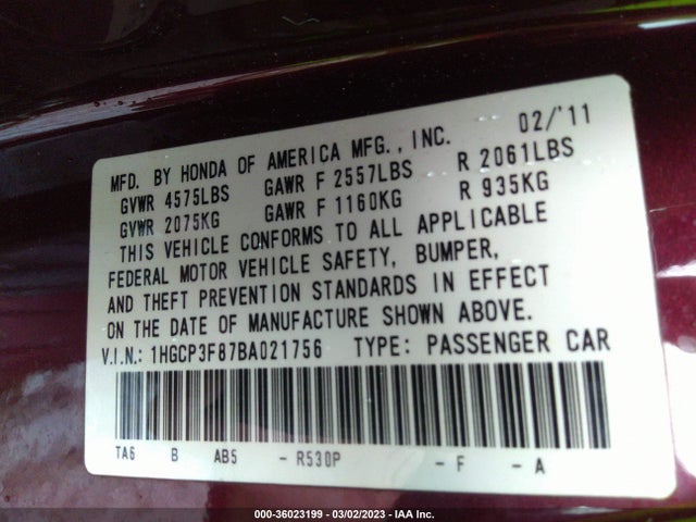 2011 HONDA ACCORD SDN EX-L VIN: 1HGCP3F87BA021756