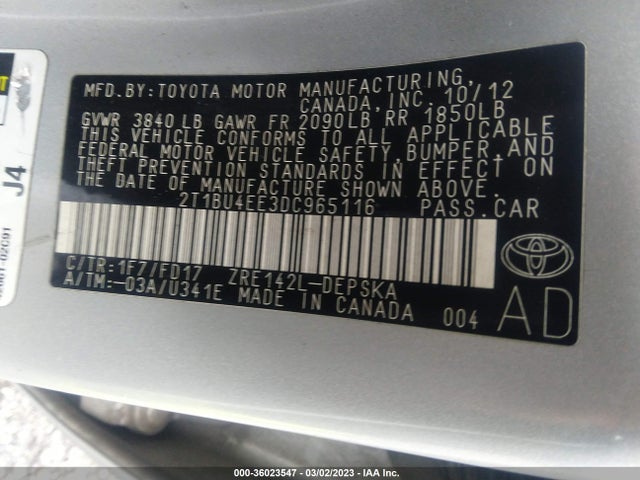 2013 TOYOTA COROLLA L/LE/S VIN: 2T1BU4EE3DC965116