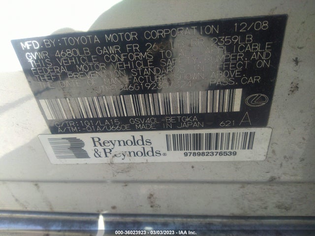 Lexus ES 350 2009 JTHBJ46G192307324 Image 10