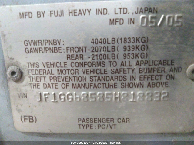 2005 SUBARU IMPREZA WAGON (NATL) OUTBACK VIN: JF1GG68585H818832
