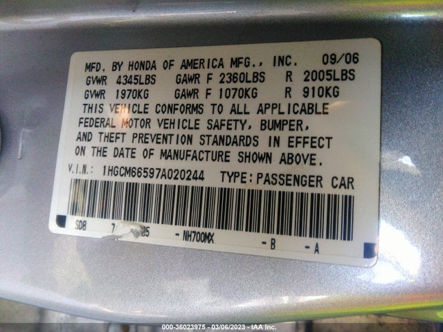 2007 HONDA ACCORD SDN EX-L VIN: 1HGCM66597A020244
