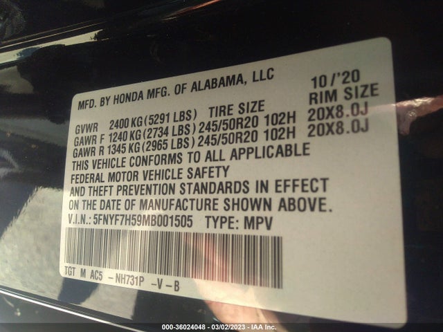 2021 HONDA PASSPORT EX-L VIN: 5FNYF7H59MB001505