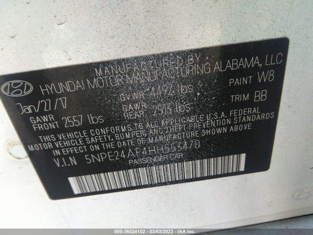 2017 HYUNDAI SONATA SE VIN: 5NPE24AF4HH553470