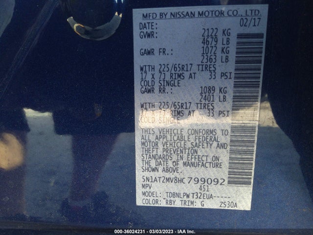 2017 NISSAN ROGUE S VIN: 5N1AT2MV8HC799092