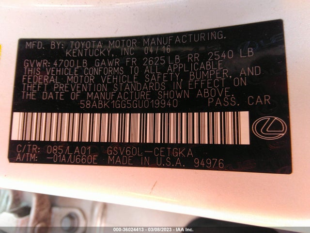 58ABK1GG5GU019940 Lexus ES 350