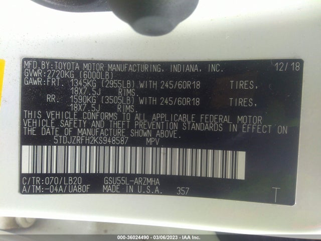Toyota Highlander Xle 2019 5TDJZRFH2KS948587 Image 9