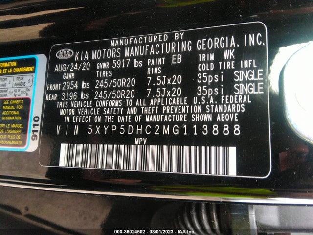 2021 KIA TELLURIDE SX VIN: 5XYP5DHC2MG113888