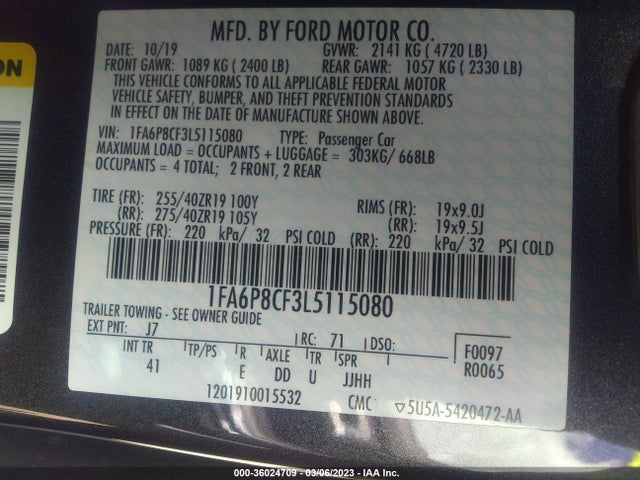 36024709 :رقم المزاد ، 1FA6P8CF3L5115080 vin ، 2020 Ford Mustang Gt مزاد بيع