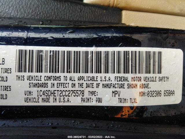 2012 DODGE DURANGO CITADEL VIN: 1C4SDHET2CC275578
