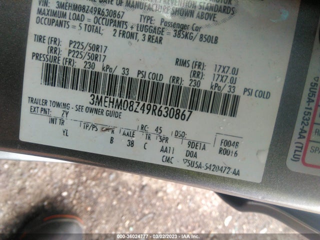 2009 MERCURY MILAN PREMIER VIN: 3MEHM08Z49R630867