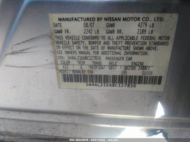 2008 NISSAN ALTIMA 2.5 VIN: 1N4AL21EX8C127856