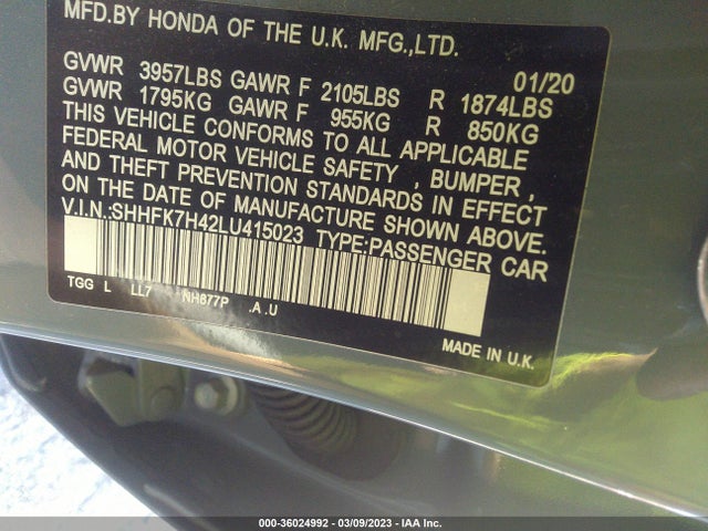 2020 HONDA CIVIC HATCHBACK SPORT VIN: SHHFK7H42LU415023