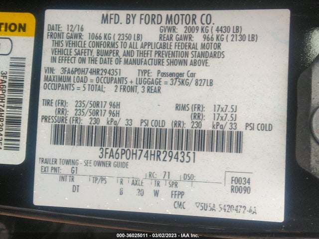 Ford FUSION SE 2017 3FA6P0H74HR294351 Image 9