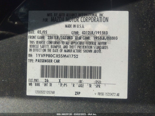 2005 MAZDA MAZDA6 I VIN: 1YVFP80CX55M41752